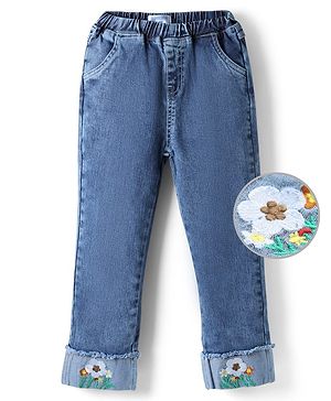 Mark & Mia Cotton Lycra Full Length Washed Denim Jeans With Floral Embroidery - Blue
