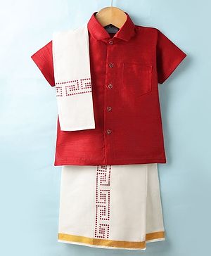 Dapper Dudes Half Sleeves Textured Shirt & Abstract Printed Mundu Lungi With Angavastram Set - Red