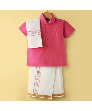 Dapper Dudes Half Sleeves Textured Shirt & Abstract Printed Mundu Lungi With Angavastram Set - Pink