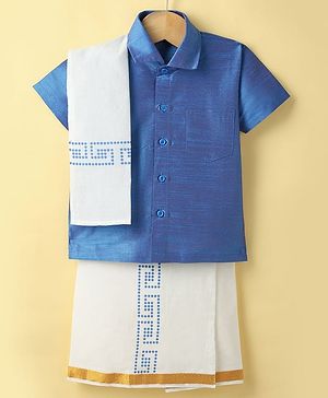 Dapper Dudes Half Sleeves Textured Shirt & Abstract Printed Mundu Lungi With Angavastram Set - Blue