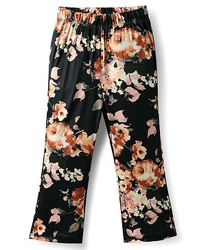 CrayonFlakes Knit Floral Printed Flared Leggings - Black