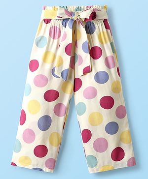 CrayonFlakes Rayon Knit Polka Dots Printed Belted Palazzo - Off White