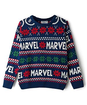 Pine Kids Marvel Woven Full Sleeves Pullover Sweater With Marvel Print - Navy Blue