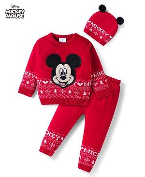Babyhug Disney Woven Full Sleeves Sweater Set With Mickey Mouse Graphics & Cap - Red