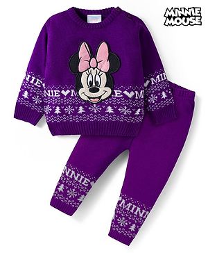 Babyhug Disney Woven Full Sleeves Sweater Set With Minnie Mouse Graphics - Purple