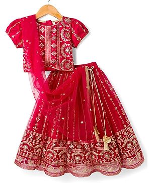 Babyhug Woven Half Sleeves Floral Embroidered Choli Lehenga & Dupatta Set - Maroon