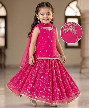 Babyhug Net Woven Sleeveless Choli Lehenga Set with Dupatta Sequin Embroidered Mirror Work - Fuchsia
