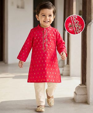 Babyhug Brocade Woven Full Sleeves Kurta Pajama Set with Floral Motif Print - Red