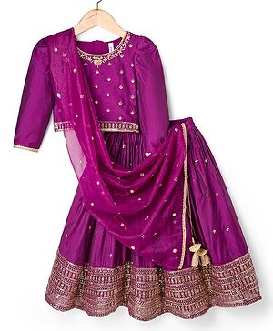 Babyhug Woven Three Fourth Sleeves Choli Lehenga & Dupatta Set With Floral Embroidery - Wine