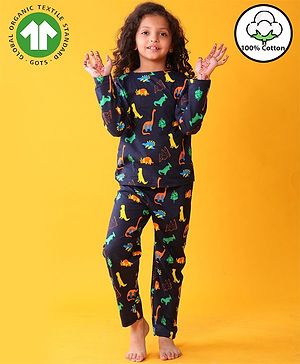 Anthrilo 100% Organic Cotton Knit Full Sleeves Dinosaur Printed Coordinating Night Suit Set - Navy Blue