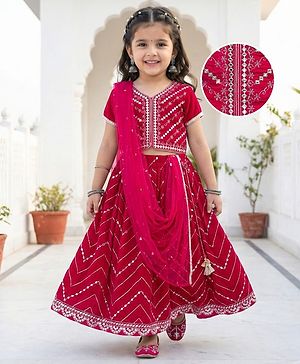Babyhug Velvet Woven Half Sleeves Choli Lehenga Set with Dupatta & Embroidery - Dark Pink