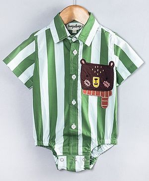 Hugsntugs Cotton Woven Half Sleeves Striped & Baby Bear Patch Embroidered Onesie - Green