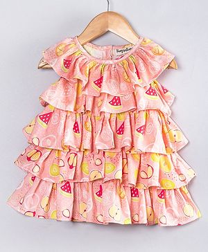 Hugsntugs Cotton Woven Sleeveless Fruits Printed Layered Dress - Pink