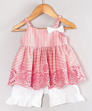 Hugsntugs Cotton Woven Sleeveless Striped & Schiffli Floral Embroidered Top With Shorts Set - Pink