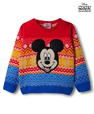 Babyhug Disney Woven Full Sleeves Pullover Sweater With Mickey Mouse Graphics - Multicolor