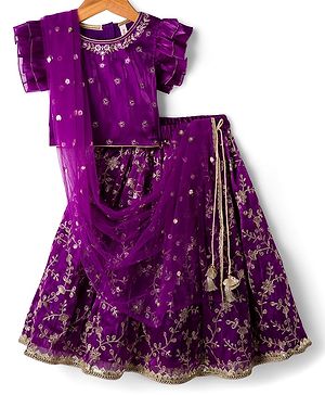 Babyhug Glass Nylon Woven Frill Sleeves Choli Lehenga & Dupatta Set with Floral Embroidery - Purple