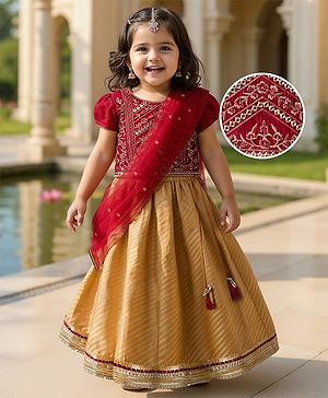Babyhug Brocade Woven Puff Sleeves Choli Lehenga & Dupatta Set with Floral Embroidery - Red & Beige