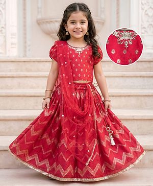 Babyhug Brocade Woven Puff Sleeves Choli Lehenga & Dupatta Set with Floral Foil Print - Red