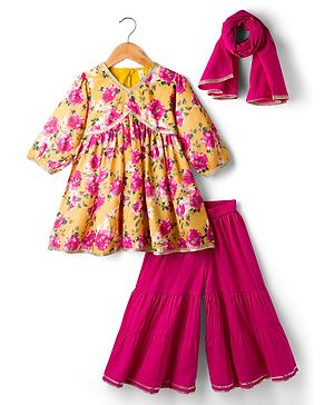 Babyhug Cambric Woven Full Sleeves Kurti Palazzo & Dupatta Set With Floral Print - Yellow & Pink