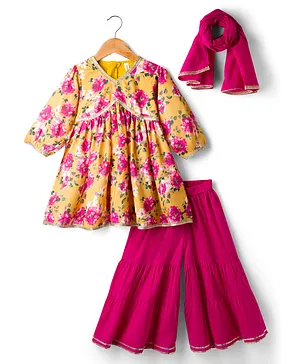 Babyhug Cambric Woven Full Sleeves
                              Kurti Palazzo & Dupatta Set With
                              Floral Print - Yellow & Pink