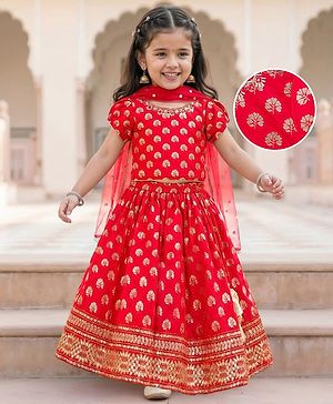 Babyhug Brocade Woven Half Sleeves Choli Lehenga & Dupatta Set With Floral Print - Red
