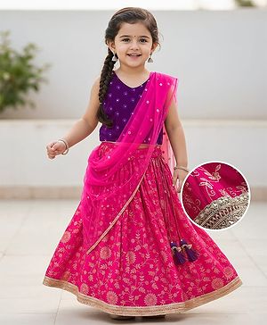 Babyhug Brocade Woven Sleeveless Choli Lehenga & Dupatta Set With Floral Print & Embroidered - Fuschia