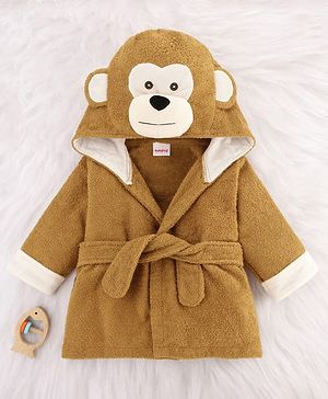 Babyhug Cotton Terry Woven Full Sleeves Hooded Bathrobe with Monkey Embroidery - Brown