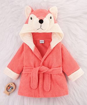 Babyhug Cotton Terry Woven Full Sleeves Hooded Bathrobe with Fox Embroidery - Pink
