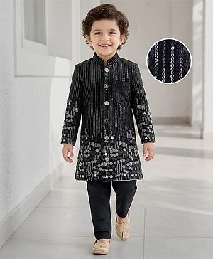 Babyhug Velvet Woven Full Sleeves Sherwani Set with Embroidery & Sequin Detailing - Black