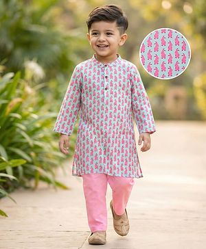 Babyhug Cotton Woven Full Sleeves Kurta Pajama Set with Bunny Print - Light Blue & Pink