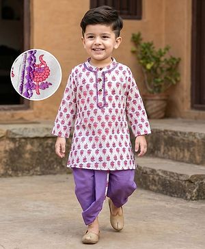 Babyhug Cotton Cambric Woven Full Sleeves Kurta Dhoti Set with Floral Print - White & Purple
