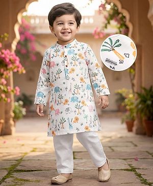 Babyhug Cotton Cambric Woven Full Sleeves Kurta Pyjama Set with Animal Print - Off White