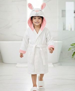 Babyhug Cotton Terry Woven Full Sleeves Hooded Bathrobe with Bunny Embroidery - White