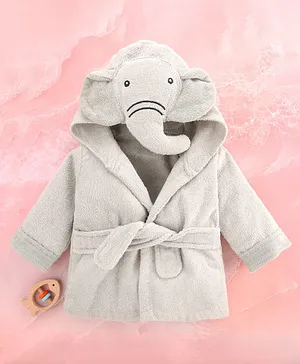 Babyhug Cotton Terry Woven Full Sleeves Hooded Bathrobe with Elephant Embroidery - Grey