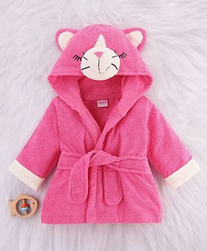 Babyhug Cotton Terry Woven Full Sleeves Hooded Bathrobe with Kitty Embroidery - Pink