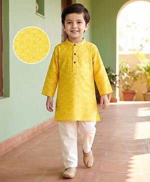 Babyhug Cotton Woven Full Sleeves Pintucked Kurta Pyjama Set with Sequin Detailing -  Yellow