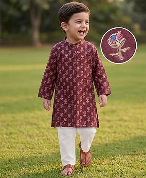 Babyhug Cotton Woven Full Sleeves Kurta Dhoti Set with Floral Print - Maroon