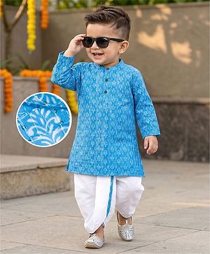 Babyhug Cotton Woven Full Sleeves Cambric Printed  Kurta Dhoti Set with Sequin Detailing - Blue
