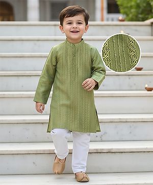 Babyhug Dobby Full Sleeves Thread Work Kurta with Pyjama Set - Green