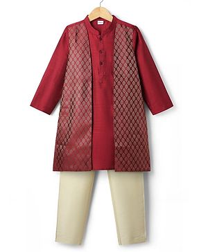Babyhug Woven Full Sleeves Kurta Pyjama Set with Brocade Print Attached Jacket - Maroon & White