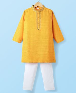 Babyhug Woven Full Sleeves Kurta Pyjama Set with Lace Detailing - Yellow & White