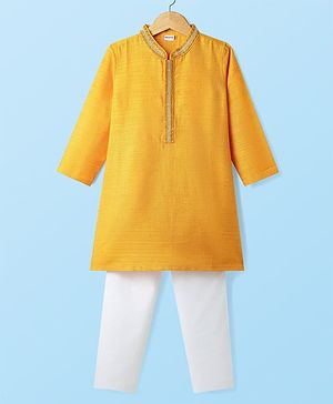 Babyhug Woven Full Sleeves Kurta Pyjama Set with Lace Detailing - Yellow & White