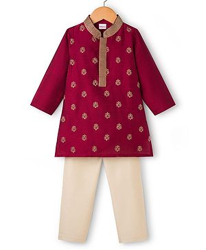 Babyhug Woven Full Sleeves Floral Embroidered Kurta with Pyjama Set - Maroon