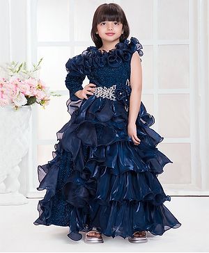 Tiny Kingdom Satin Woven Full Sleeves  Floral Applique & Stone Embellished Layered Gown - Blue