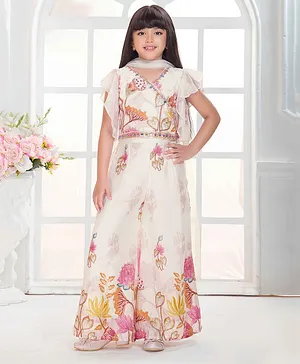 Tiny Kingdom Georgette Woven Half Sleevless
                      Sequin Embellished Floral Embroidered Coordinating
                      Top & Palazzo With Dupatta - Cream