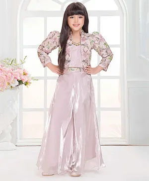 Tiny Kingdom Satin Woven Beads Embellished
                      Top & Palazzo With Three Fourth Sleeves Floral
                      Embroidered Jacket Set - Pink