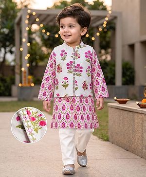 Babyhug Cambric Woven Full Sleeves  Floral Printed Kurta Pajama Set with Nehru Jacket - White