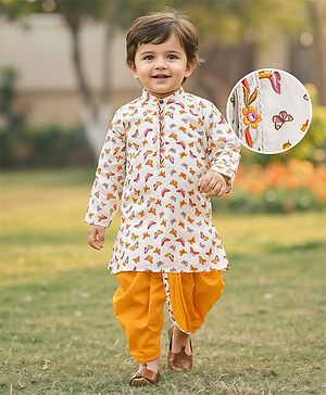 Babyhug Cambric Woven Full Sleeves Kurta Dhoti Set Butterfly Print - White