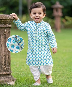 Babyhug 100% Cotton Woven Full Sleeves Kurta & Dhoti Set With Floral Print - Blue