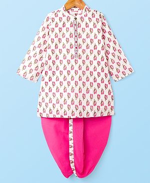 Babyhug Cambric Woven Full Sleeves Kurta Dhoti Set Floral Print - White